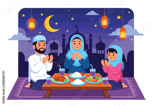 Adobe illustrator artwork vector illustration of a Muslim family praying before Iftar, with a mosque silhouette, crescent moon, and lanterns, perfect for Ramadan and Eid celebrations