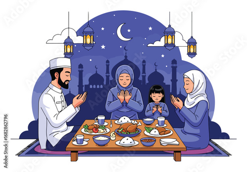 Adobe illustrator artwork vector illustration of a Muslim family praying before Iftar, with a mosque silhouette, crescent moon, and lanterns, perfect for Ramadan and Eid celebrations
