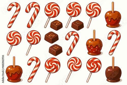 Assorted candy collection with lollipops, caramel apples, chocolate squares, and candy canes