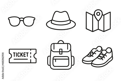 Travel icons: sunglasses, hat, map, ticket, backpack, shoes