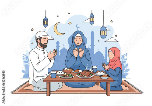 Adobe illustrator artwork vector illustration of a Muslim family praying before Iftar, with a mosque silhouette, crescent moon, and lanterns, perfect for Ramadan and Eid celebrations