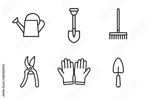 Set of garden tools: watering can, shovel, rake, pruning shears, gloves, trowel icons
