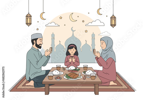 Adobe illustrator artwork vector illustration of a Muslim family praying before Iftar, with a mosque silhouette, crescent moon, and lanterns, perfect for Ramadan and Eid celebrations