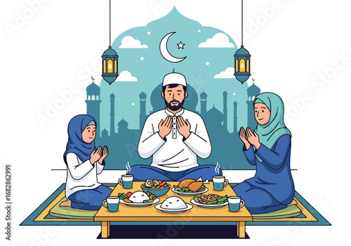 Adobe illustrator artwork vector illustration of a Muslim family praying before Iftar, with a mosque silhouette, crescent moon, and lanterns, perfect for Ramadan and Eid celebrations