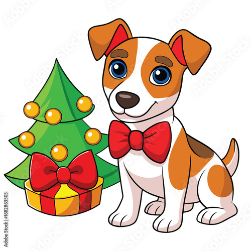 Cartoon Jack Russell Terrier Puppy with Christmas Tree and Wrapped Gift Illustration