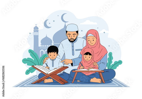 Adobe illustrator artwork vector illustration of a Muslim family reading the Al-Quran together, with parents guiding their children, against a subtle mosque and crescent moon background