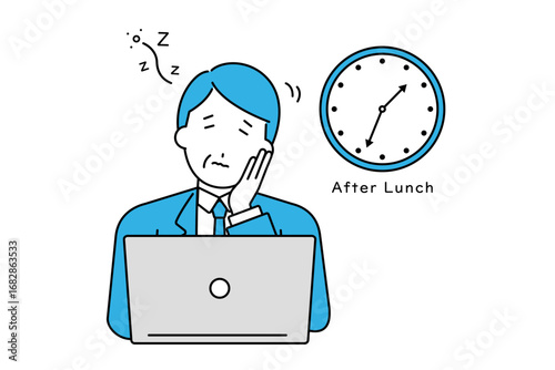 昼食後に眠気を感じる中年のビジネスマンのイメージイラスト