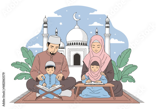 Adobe illustrator artwork vector illustration of a Muslim family reading the Al-Quran together, with parents guiding their children, against a subtle mosque and crescent moon background