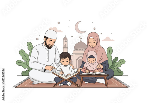 Adobe illustrator artwork vector illustration of a Muslim family reading the Al-Quran together, with parents guiding their children, against a subtle mosque and crescent moon background