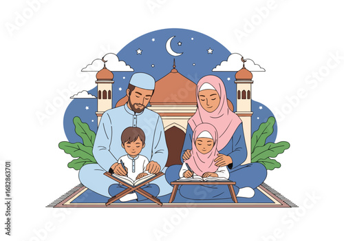 Adobe illustrator artwork vector illustration of a Muslim family reading the Al-Quran together, with parents guiding their children, against a subtle mosque and crescent moon background