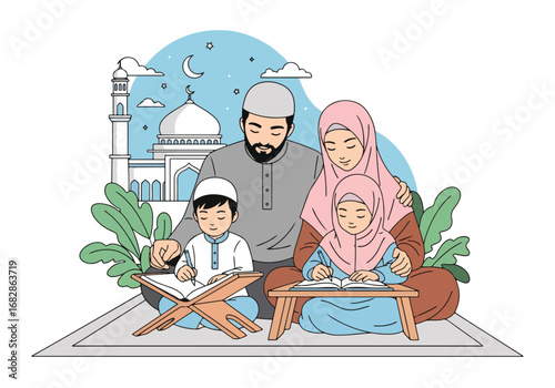 Adobe illustrator artwork vector illustration of a Muslim family reading the Al-Quran together, with parents guiding their children, against a subtle mosque and crescent moon background