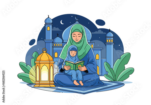 Adobe illustrator artwork vector illustration of a Muslim mother and daughter lovingly reading the Al-Quran, with a mosque and lantern in the background, symbolizing spiritual education
