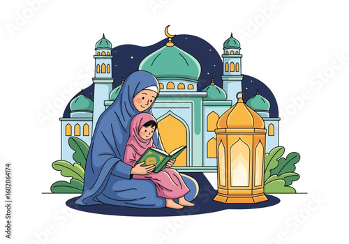 Adobe illustrator artwork vector illustration of a Muslim mother and daughter lovingly reading the Al-Quran, with a mosque and lantern in the background, symbolizing spiritual education
