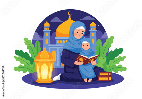 Adobe illustrator artwork vector illustration of a Muslim mother and daughter lovingly reading the Al-Quran, with a mosque and lantern in the background, symbolizing spiritual education