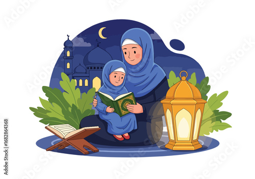 Adobe illustrator artwork vector illustration of a Muslim mother and daughter lovingly reading the Al-Quran, with a mosque and lantern in the background, symbolizing spiritual education