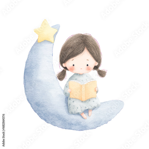 Adorable Girl Reading Book on Moon Watercolor Illustration.