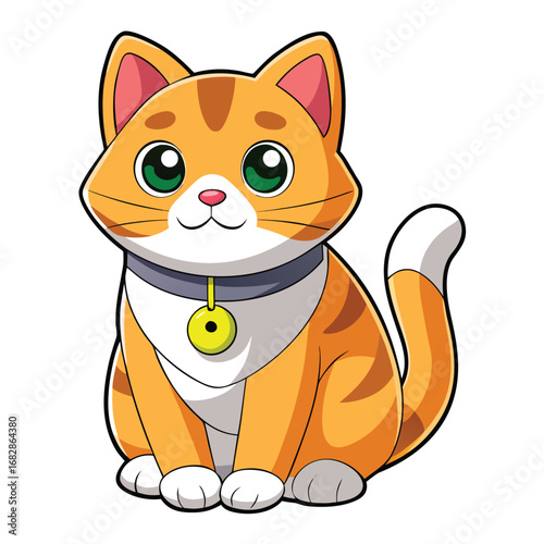 Cartoon Orange Tabby Cat with Green Eyes and Collar Sitting Down Nicely