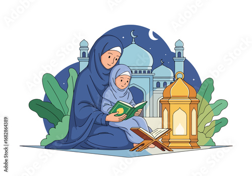 Adobe illustrator artwork vector illustration of a Muslim mother and daughter lovingly reading the Al-Quran, with a mosque and lantern in the background, symbolizing spiritual education