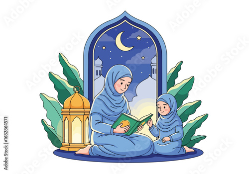 Adobe illustrator artwork vector illustration of a Muslim mother and daughter reading the Al-Quran at night, framed by an archway with a crescent moon, stars, and lantern