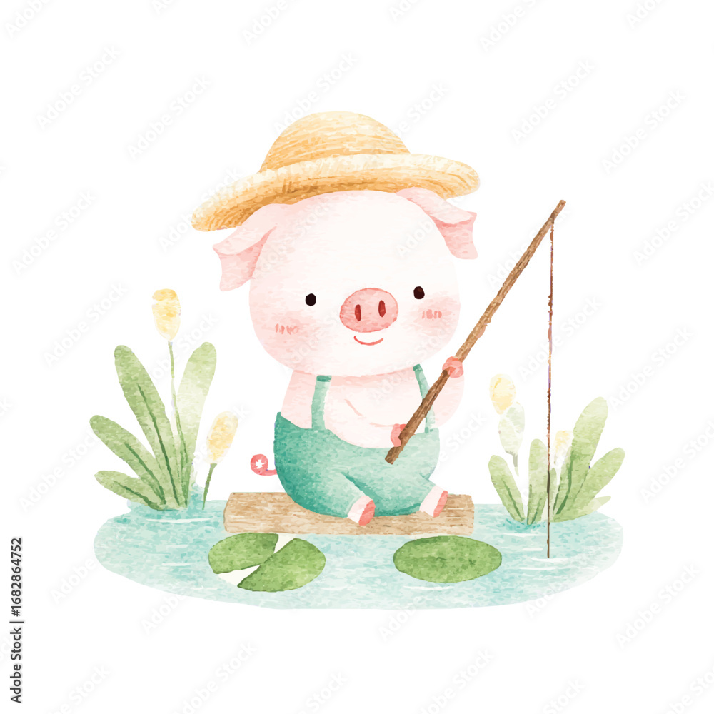Naklejka premium Adorable Piglet Fishing Watercolor Illustration Cute Farm Animal.
