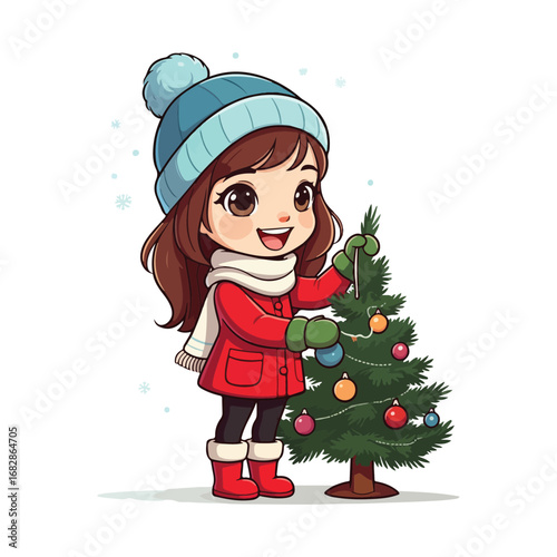 A happy little girl holds a Christmas present while smiling next to a decorated tree