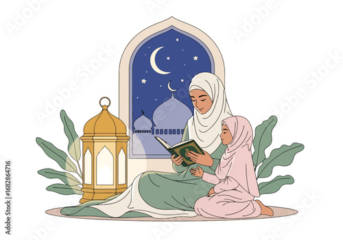 Adobe illustrator artwork vector illustration of a Muslim mother and daughter reading the Al-Quran at night, framed by an archway with a crescent moon, stars, and lantern