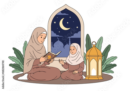 Adobe illustrator artwork vector illustration of a Muslim mother and daughter reading the Al-Quran at night, framed by an archway with a crescent moon, stars, and lantern