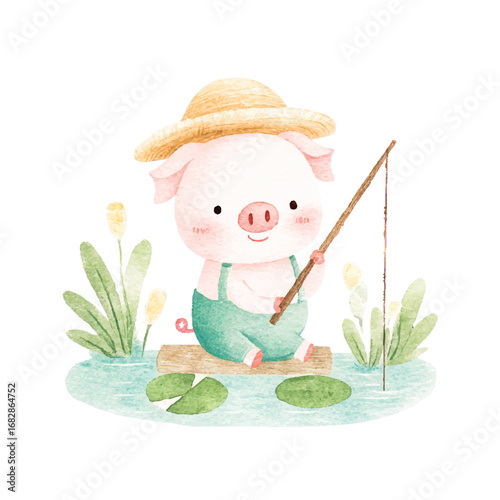 Adorable Piglet Fishing Watercolor Illustration Cute Farm Animal.