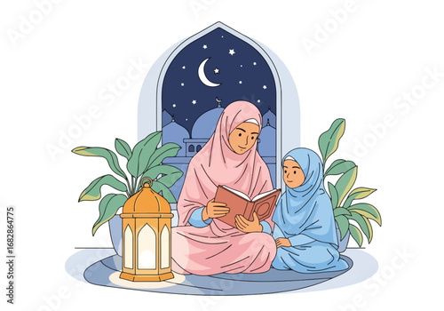 Adobe illustrator artwork vector illustration of a Muslim mother and daughter reading the Al-Quran at night, framed by an archway with a crescent moon, stars, and lantern