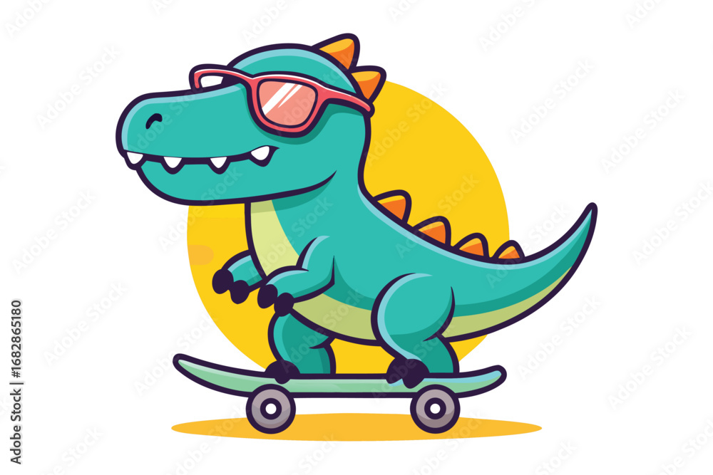 Naklejka premium Cartoon Tyrannosaurus Rex Dinosaur Rides a Turquoise Skateboard Wearing Pink Sunglasses on Yellow Background