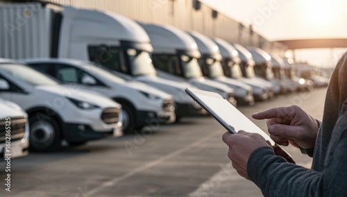 Person using tablet near parked vehicles and trucks