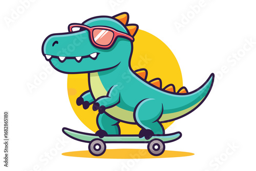 Cartoon Tyrannosaurus Rex Dinosaur Rides a Turquoise Skateboard Wearing Pink Sunglasses on Yellow Background