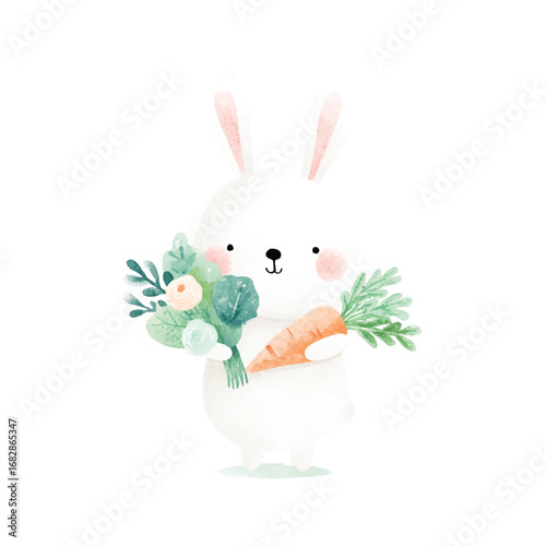 Adorable Watercolor Bunny Rabbit with Carrot and Flowers Easter Clipart.