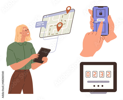 Female holding tablet with navigational map, phone unlocking via touch, security code displayed on screen. Ideal for technology, navigation, digital security, mobile apps, geolocation, innovation