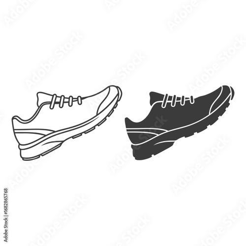 Athletic Running Shoe Outline and Silhouette Vector Icons Set for Sportswear Design and Fitness Graphics