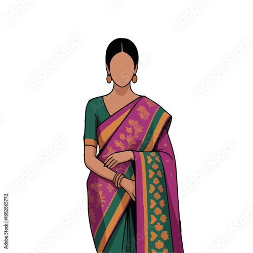 An illustration of a woman dressed in traditional Indian attire showcasing a vibrant silk saree