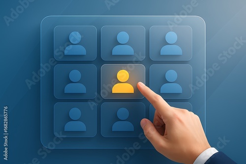 Human hand selecting highlighted user icon in grid interface illustrating recruitment hiring candidate choice hr management talent selection personalization customer segmentation business technology 