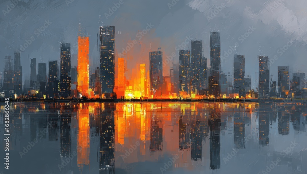 Fototapeta premium City skyline at dawn with reflected flames