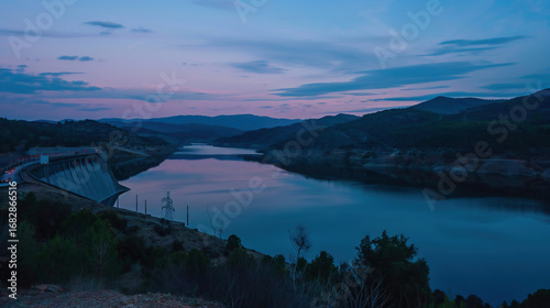 Fototapeta Naklejka Na Ścianę i Meble -  Winding River at sunset beginning of scenic mountain river - aerial landscape with golden hour light, hills and forest