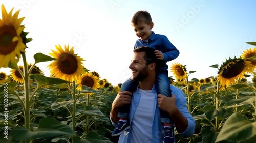Père et fils heureux dans un champ de tournesols.