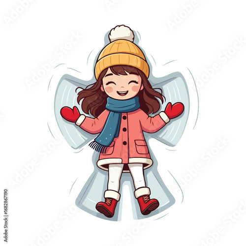 Vector illustration of a smiling little girl with a red heart, wearing a winter hat, and a cute dress