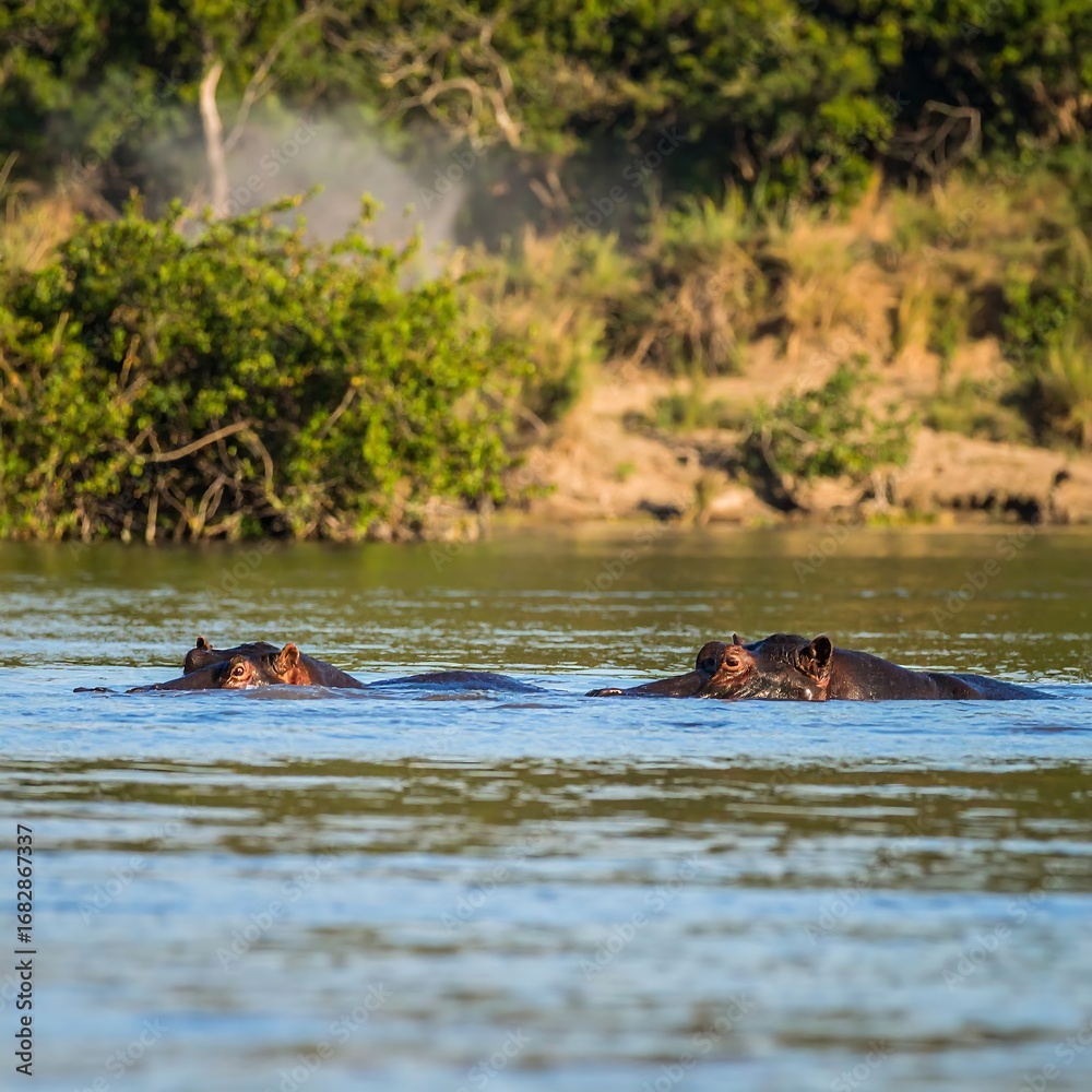 Obraz premium Hippos in a river, sunlight dappled on water