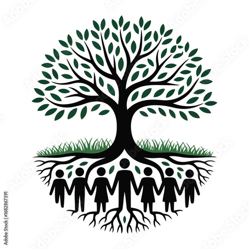 Family tree symbolizing connection and growth with people as roots
