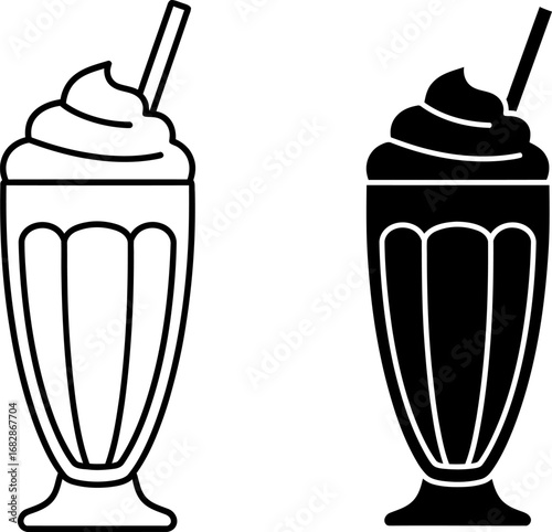 Two stylized illustrations of a milkshake in a tall glass with whipped cream and a straw.