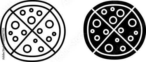 Two pizza icons, one outlined and one filled black, both divided into four slices with toppings.