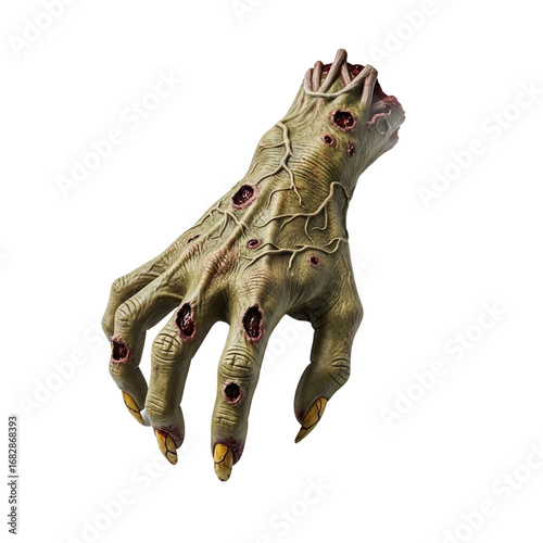 Severed green zombie hand with gruesome wounds and decay. isolated transparent background