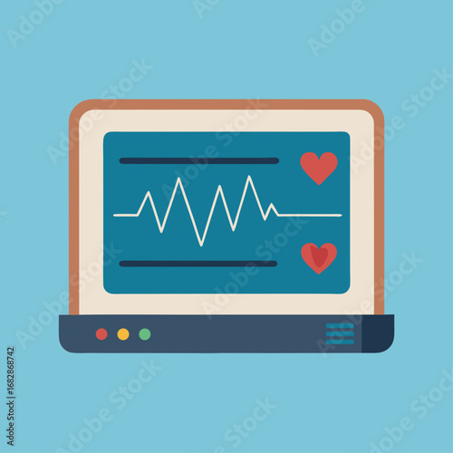 A computer monitor with a heart and a wave on it. The heart is red and the wave is blue