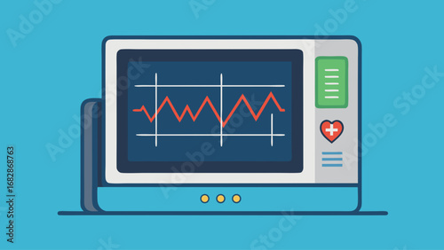 A computer monitor with a heart and a wave on it. The heart is red and the wave is blue