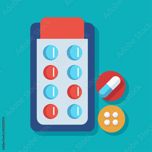 A pill bottle with a red and yellow pill sits next to a pill bottle with a blue and white pill