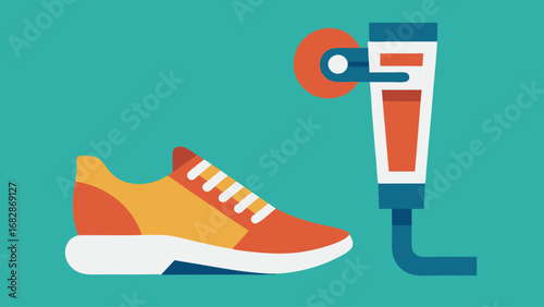 A pair of blue shoes and a prosthetic leg are shown next to a trophy. Concept of triumph and accomplishment, as the person with the prosthetic leg has overcome a physical challenge